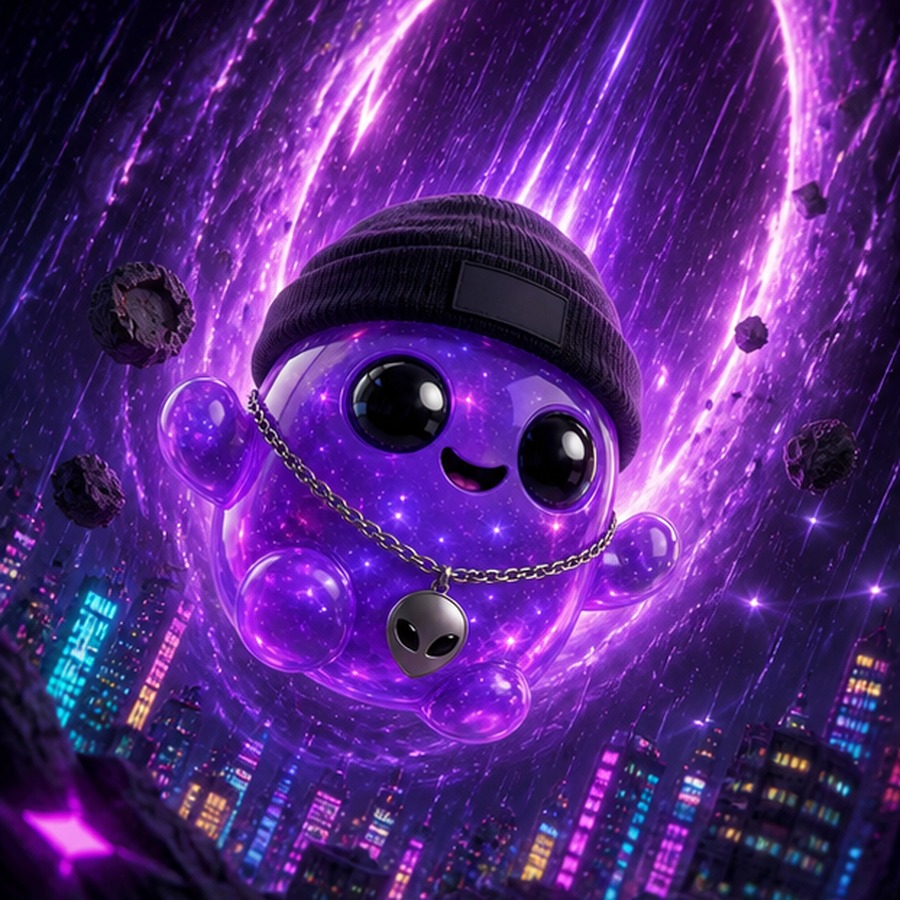 A purple portal above a neon city